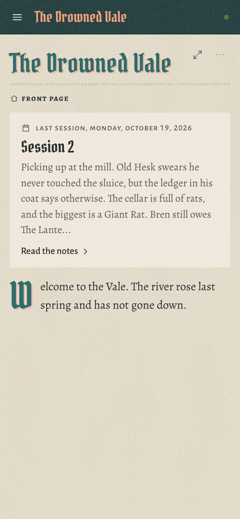 A player's phone showing the campaign's front page and the latest session.