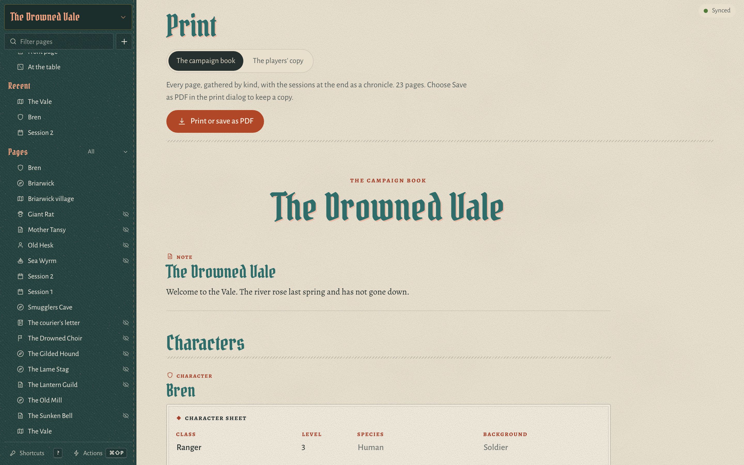 The print view: The Drowned Vale as a campaign book with a cover and chapters.