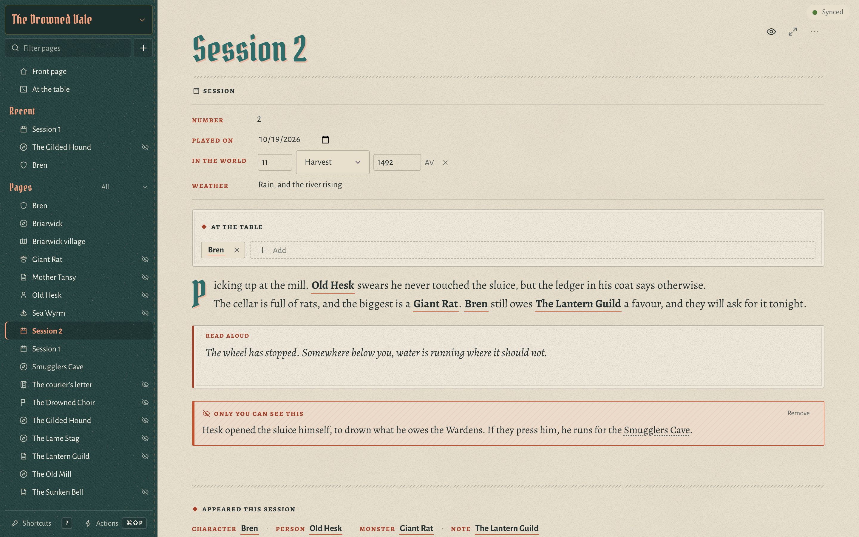 A session page in Steading: the plan with linked names, a read-aloud box, a secret only the GM can see, and the campaign's pages down the side.
